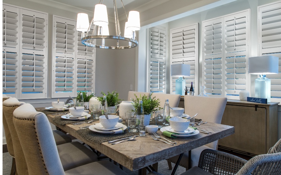 Interior shutters in a dining room