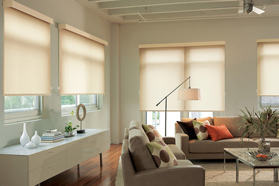 Beige shades in a large bungalow living room area.